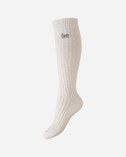 White knee-high sock with a brand logo on a white background