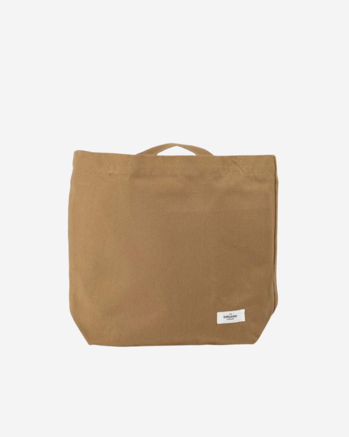 Khaki tan coloured tote bag with a visible brand label on a white background