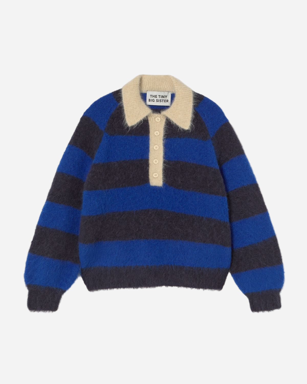 Blue and black striped sweater with a beige collar on a white background