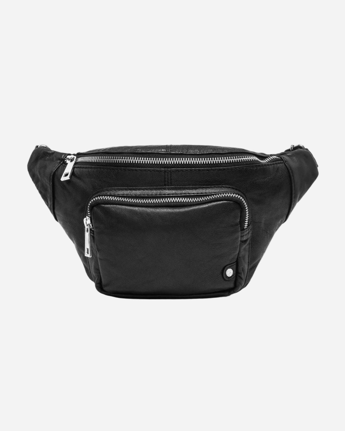 Black waist bag with zippers on a white background