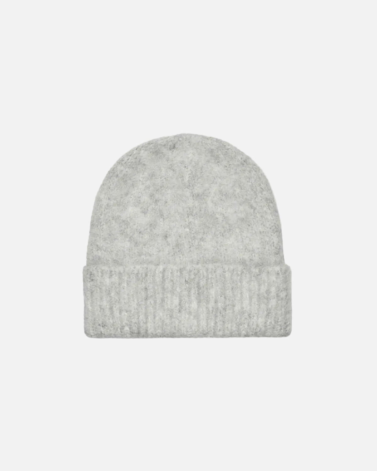 A light gray knit beanie hat with a ribbed cuff, shown flat against a solid white background.