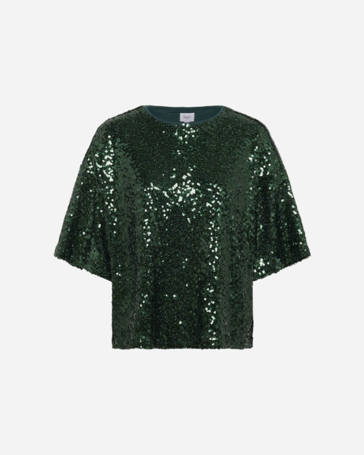 Green sequin top on a white background