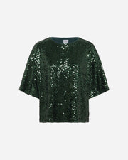 Green sequin top on a white background