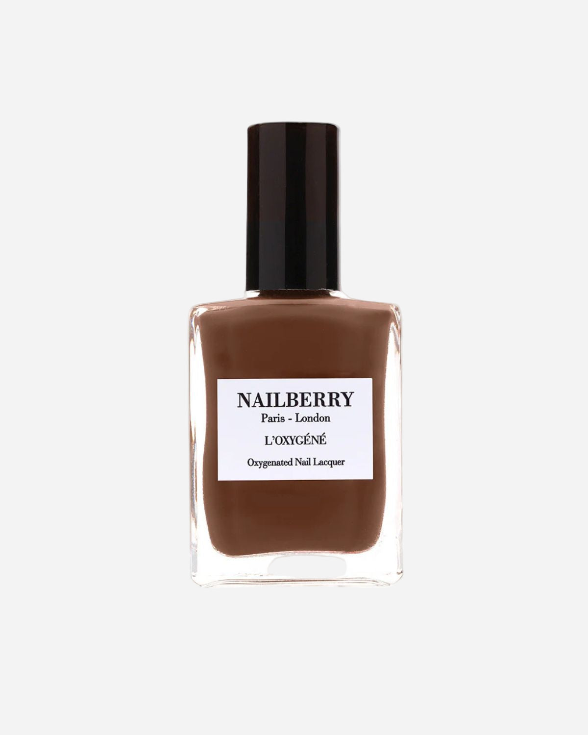 Brown nail polish bottle with black cap on a white background