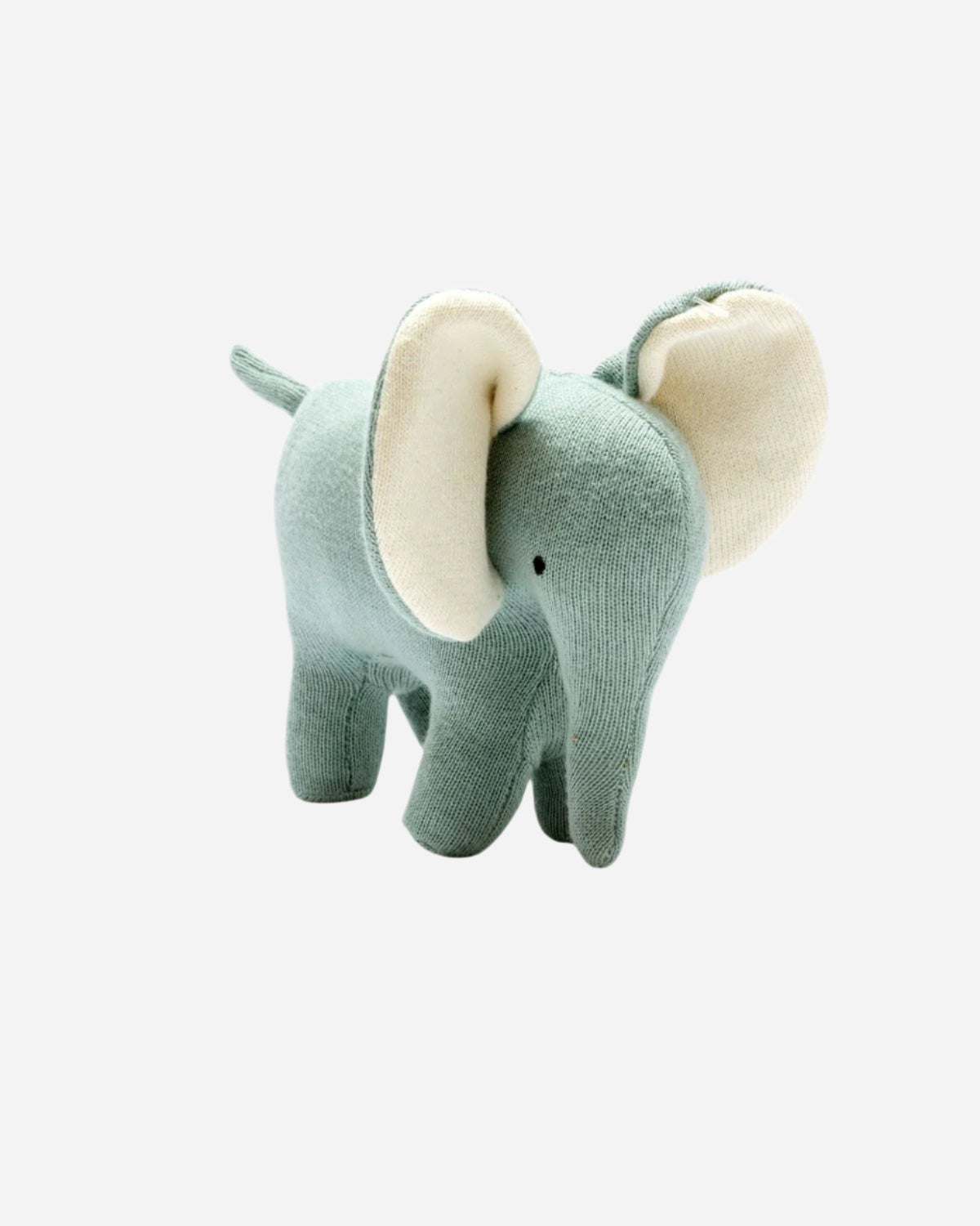 Plush elephant toy with green body and beige ears on a white background