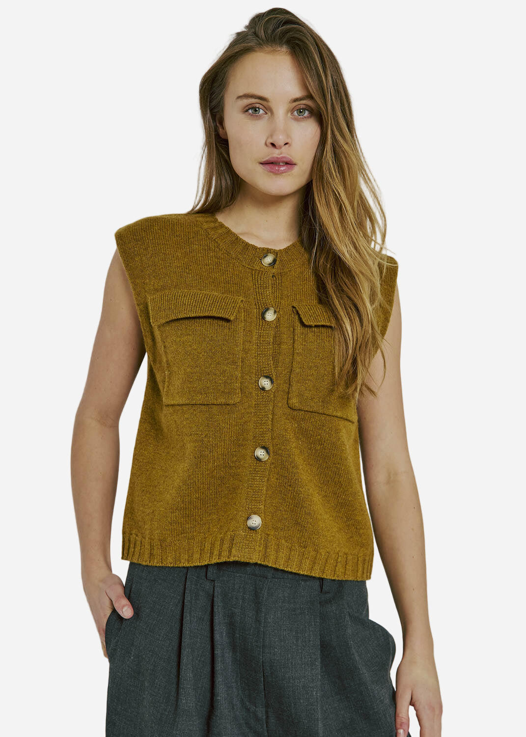 Olive coloured knitted waist coat with pockets on chest, and metal buttons own the middle