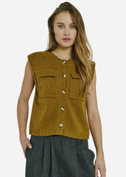 Olive coloured knitted waist coat with pockets on chest, and metal buttons own the middle