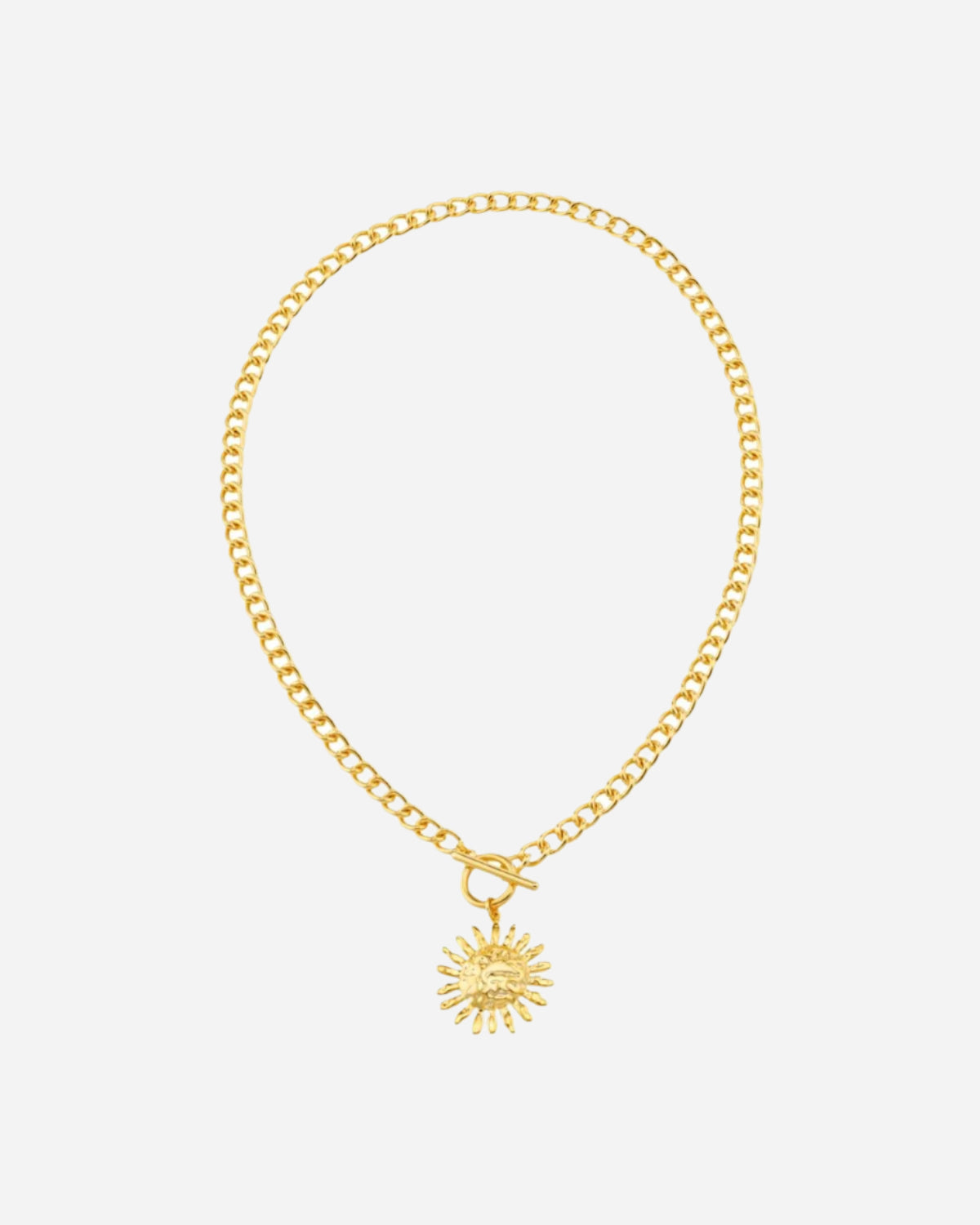 Gold chain necklace with a sunflower pendant on a white background