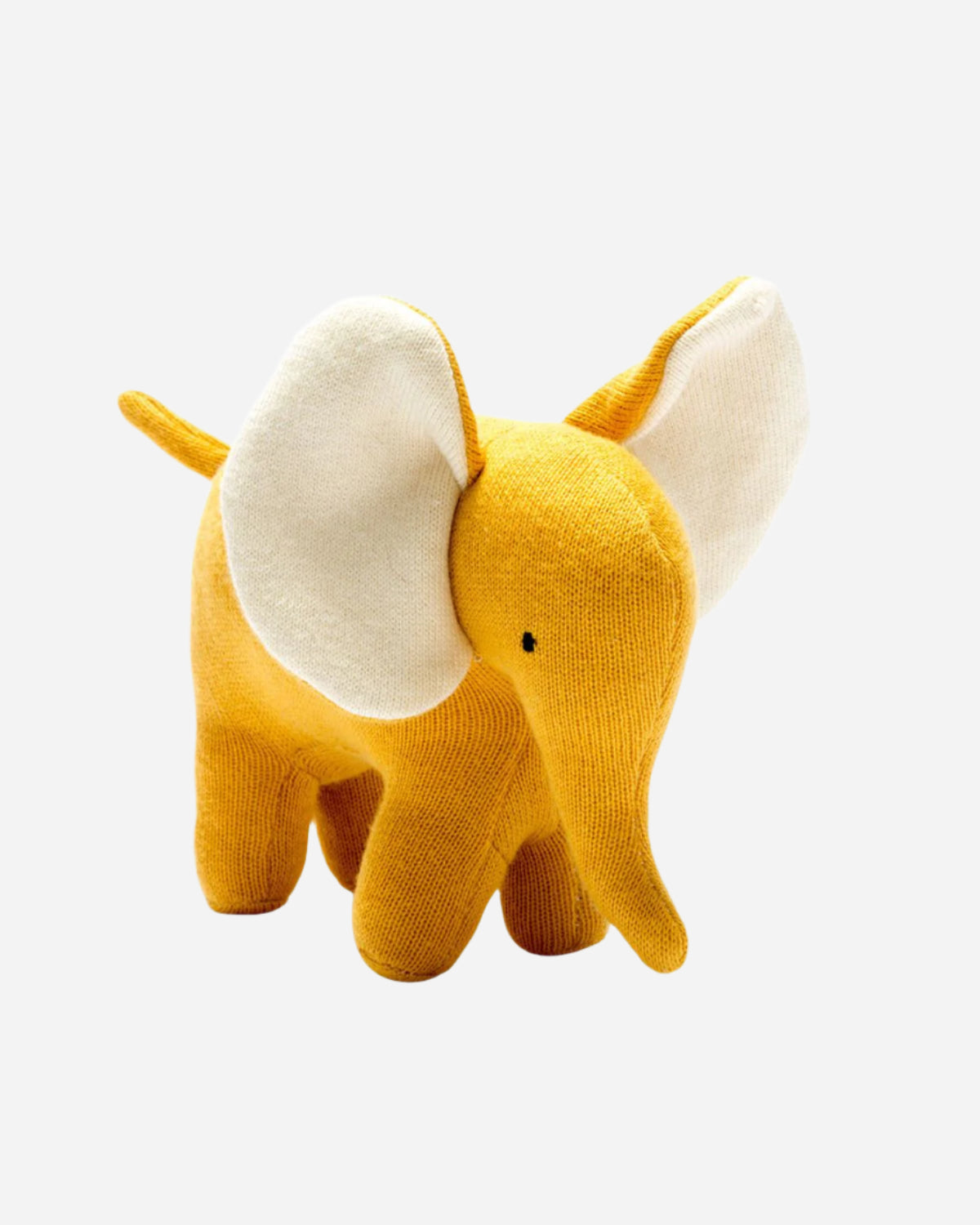 Yellow elephant plush toy with white ears on a white background