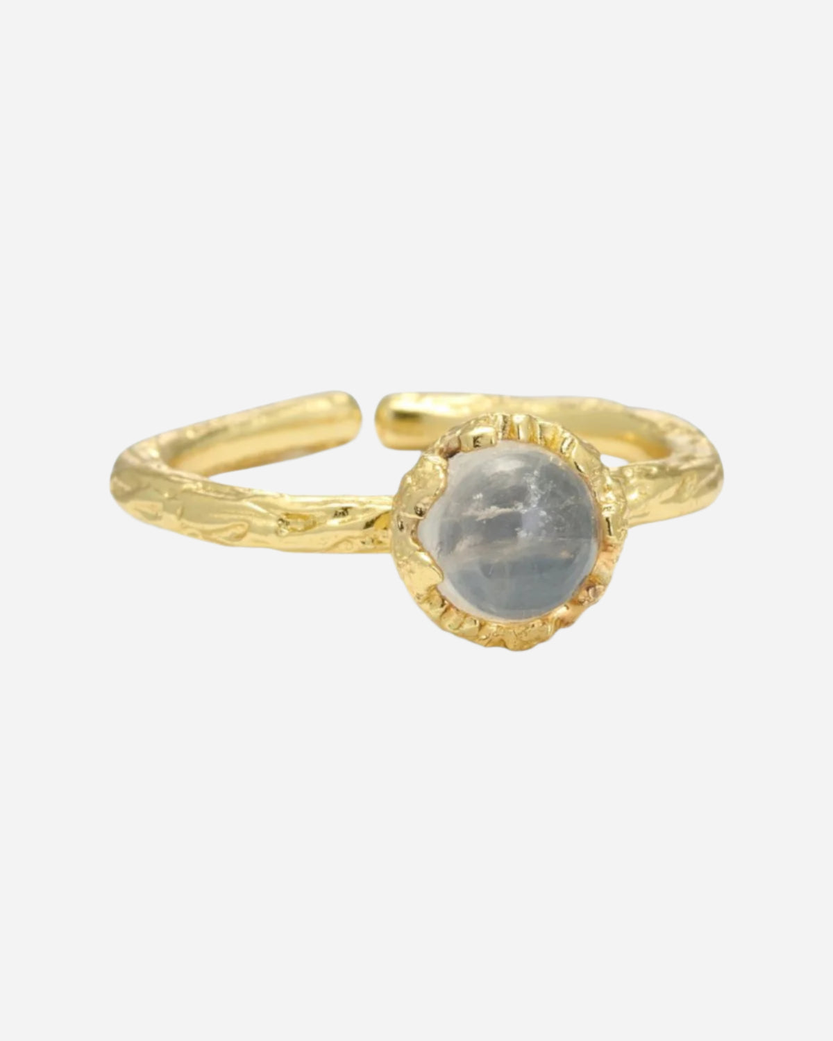 Gold ring with a central stone on a white background