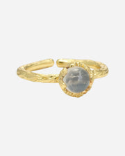 Gold ring with a central stone on a white background