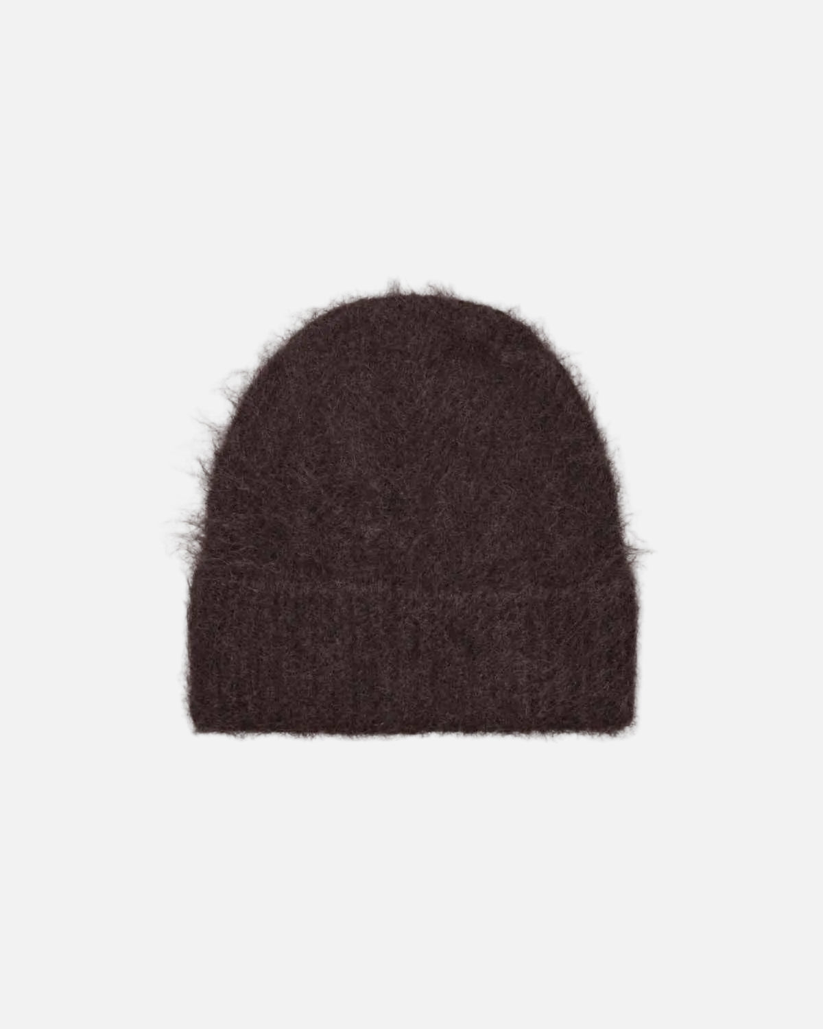 A dark brown fuzzy knit beanie hat, photographed from a top-down view on a solid white background.