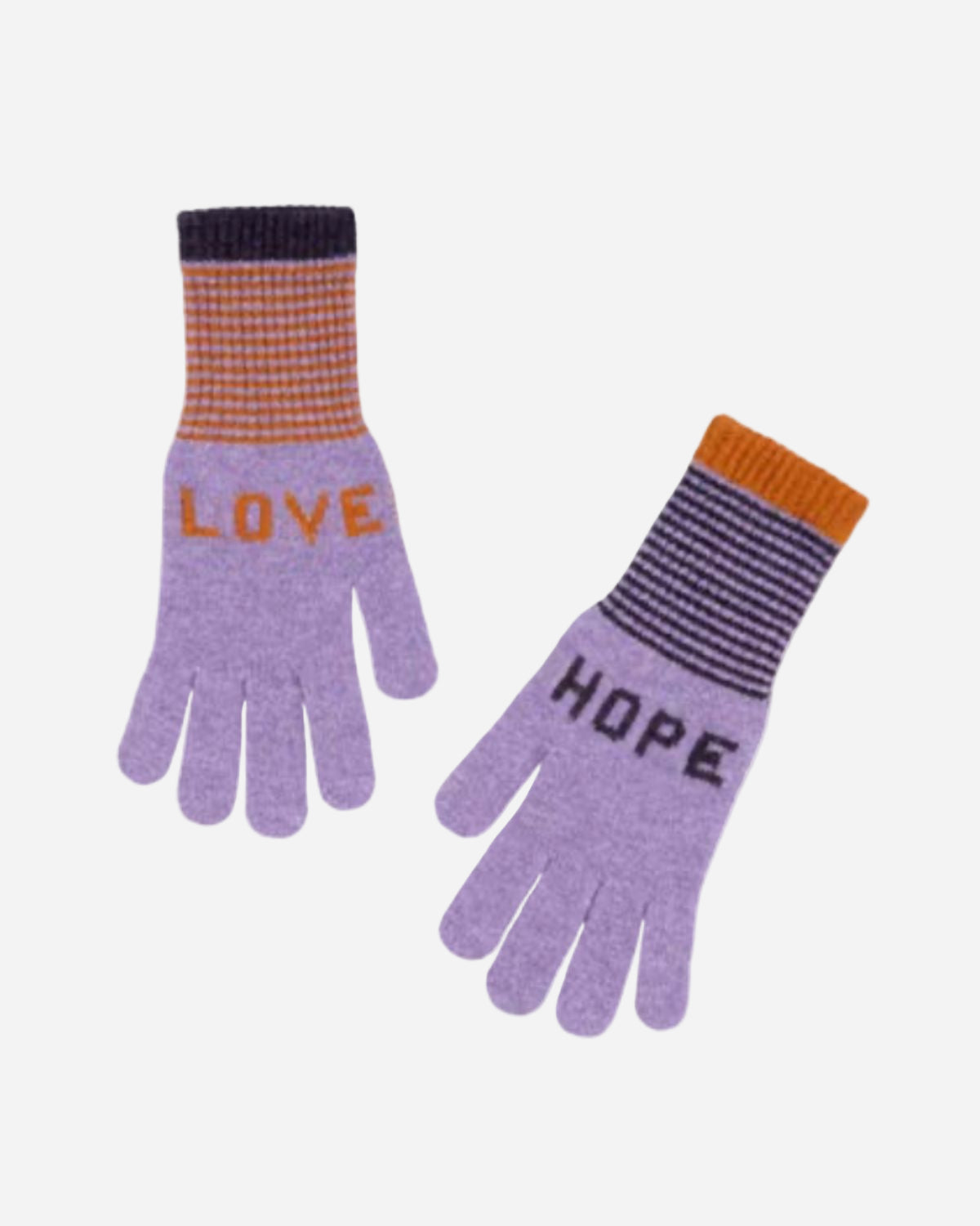 Pair of purple gloves with 'LOVE' and 'HOPE' text on a white background