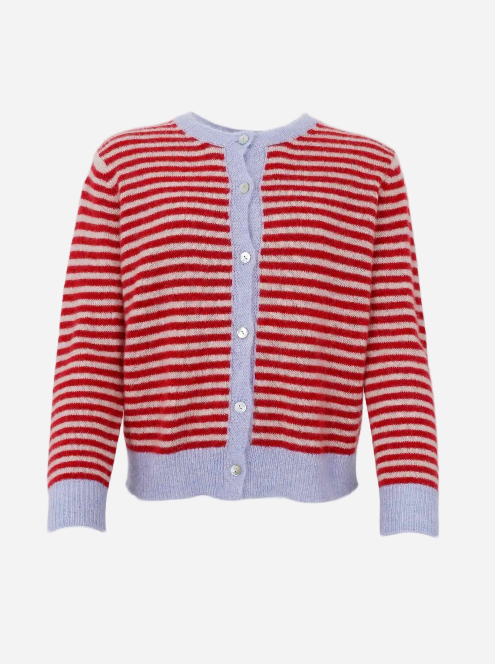 Red and white striped cardigan with a light blue collar and buttons on a white background
