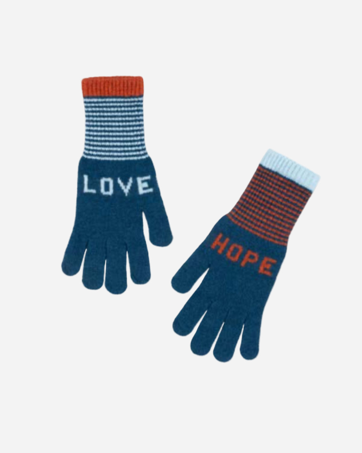 Pair of blue gloves with 'LOVE' and 'HOPE' text on a white background