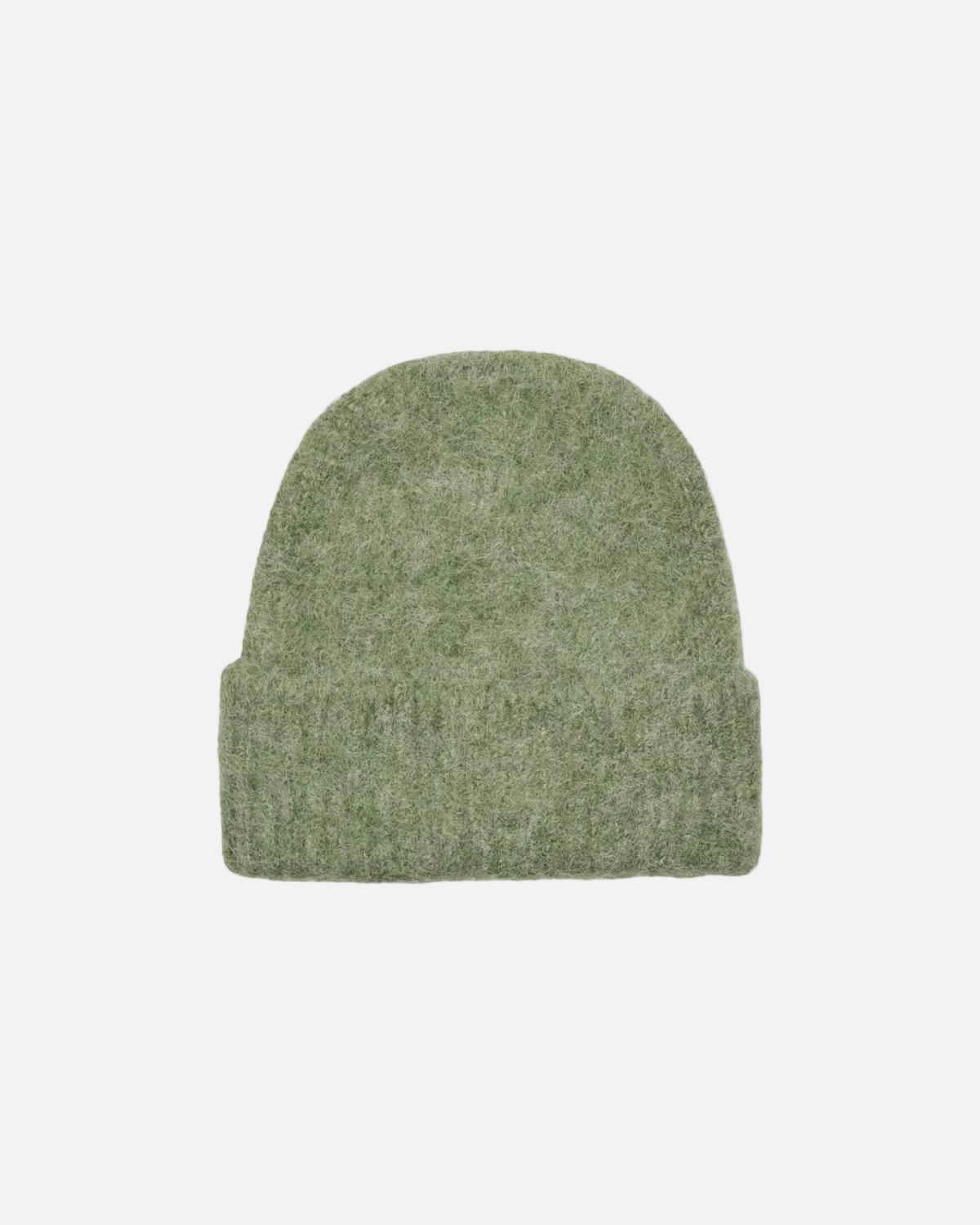 A single knit beanie hat in a heathered sage green color, shown flat against a solid white background.