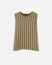 A sleeveless top with vertical stripes in beige and brown, displayed against a plain white background.