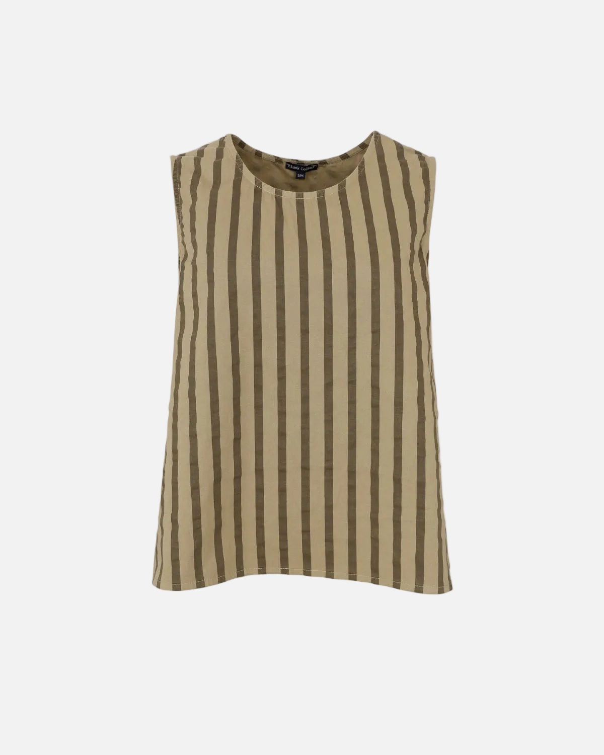 A sleeveless top with vertical stripes in beige and brown, displayed against a plain white background.