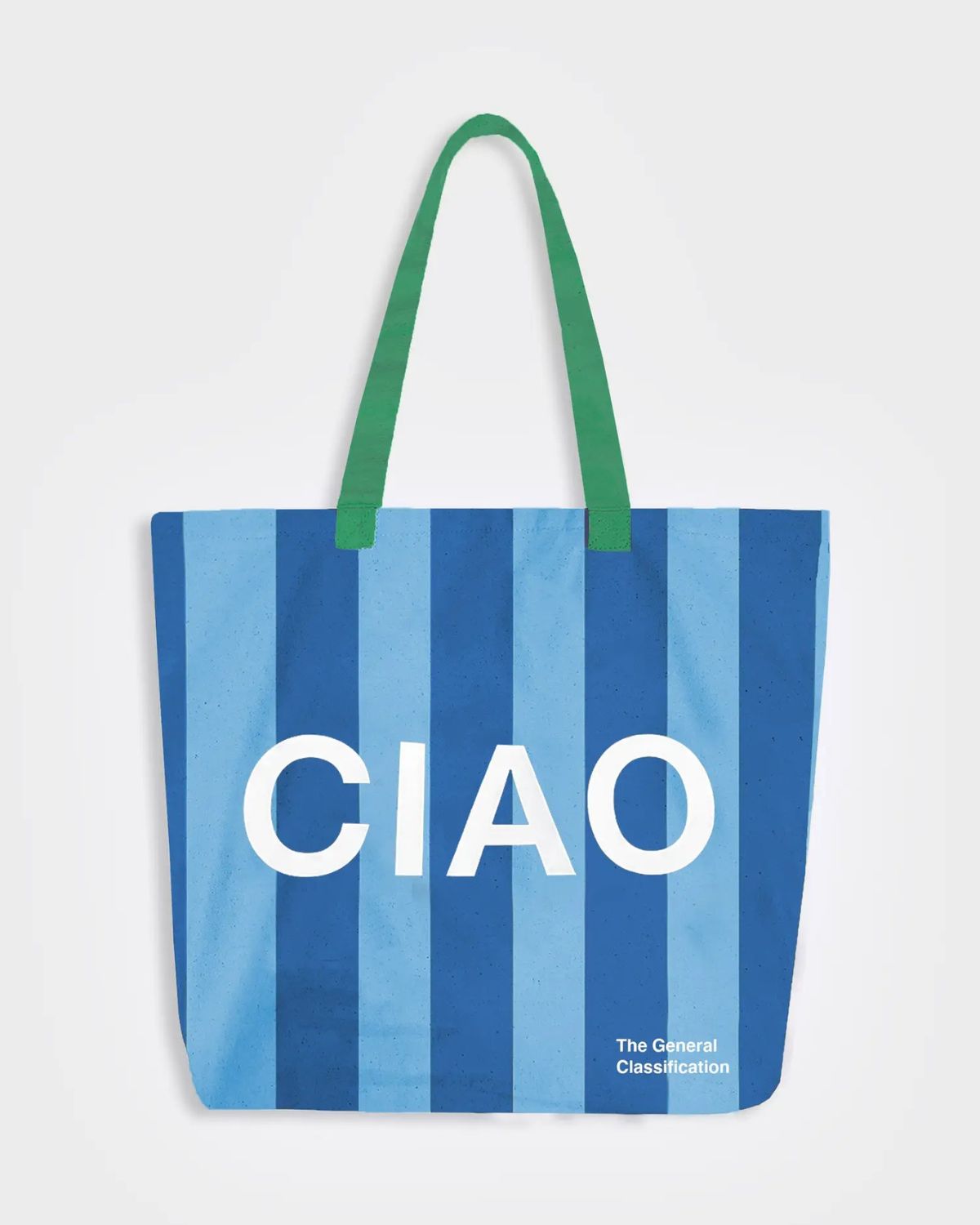 Blue striped tote bag with 'CIAO' text on a white background