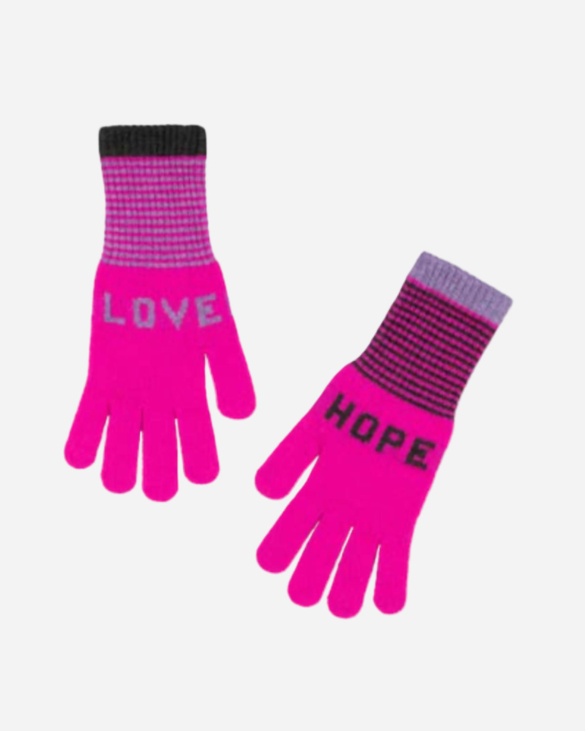 Pair of pink gloves with 'LOVE' and 'HOPE' text on a white background