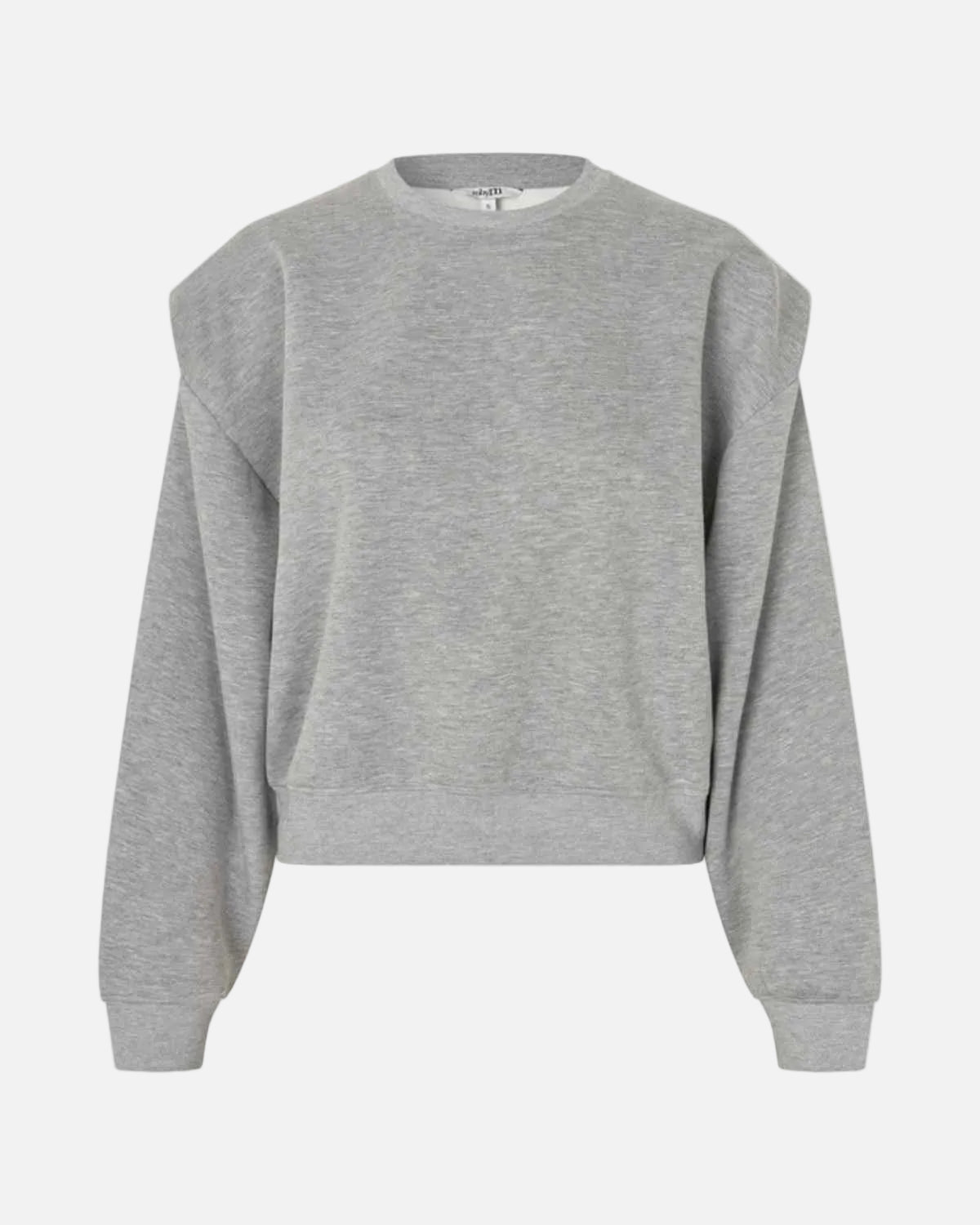 A light gray heather crewneck sweatshirt with wide, draped shoulders and ribbed cuffs, displayed on a clean white background.