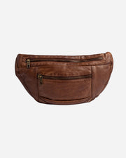 Brown leather waist bag with gold zipper on a white background