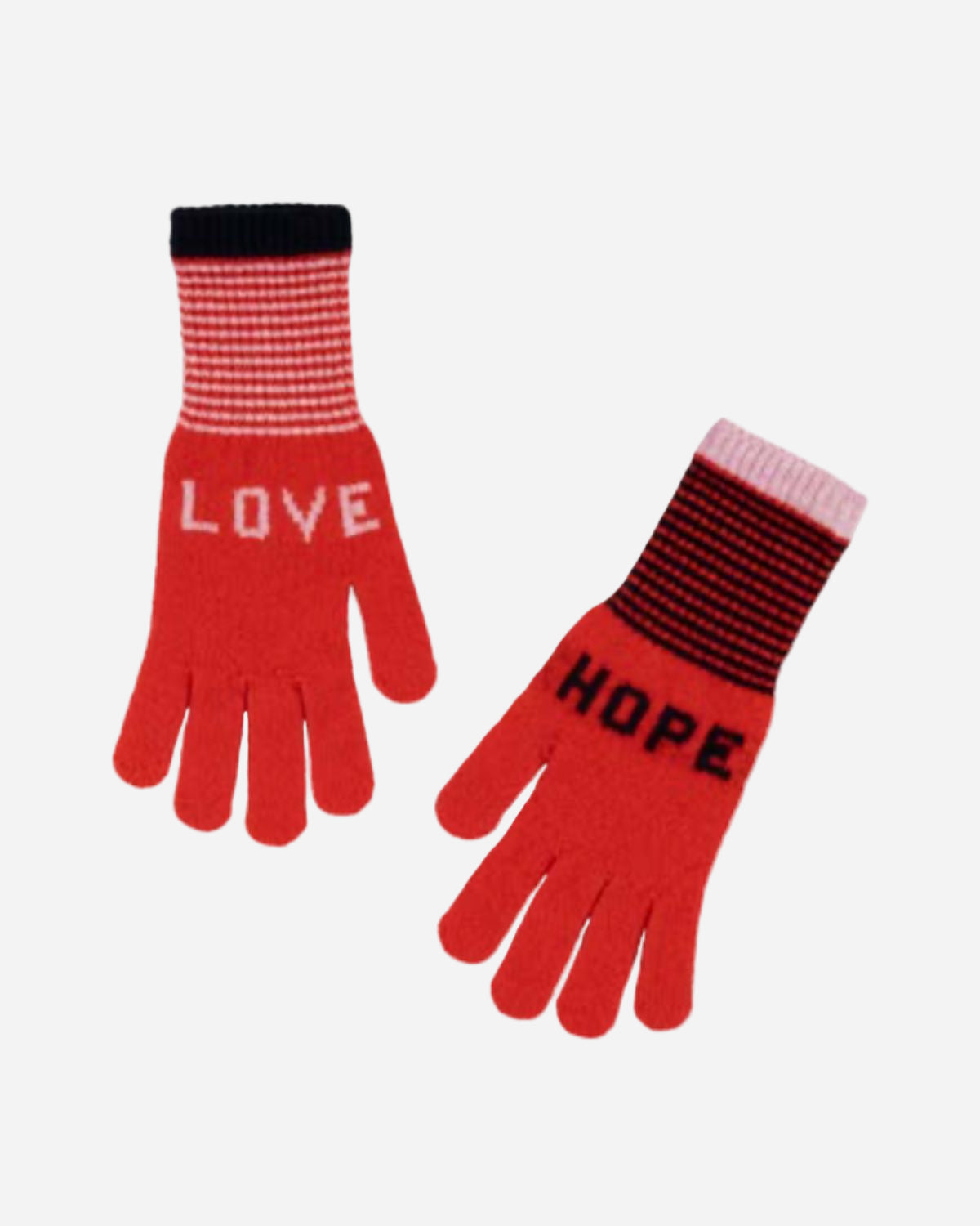 Red gloves with 'LOVE' and 'HOPE' text on a white background