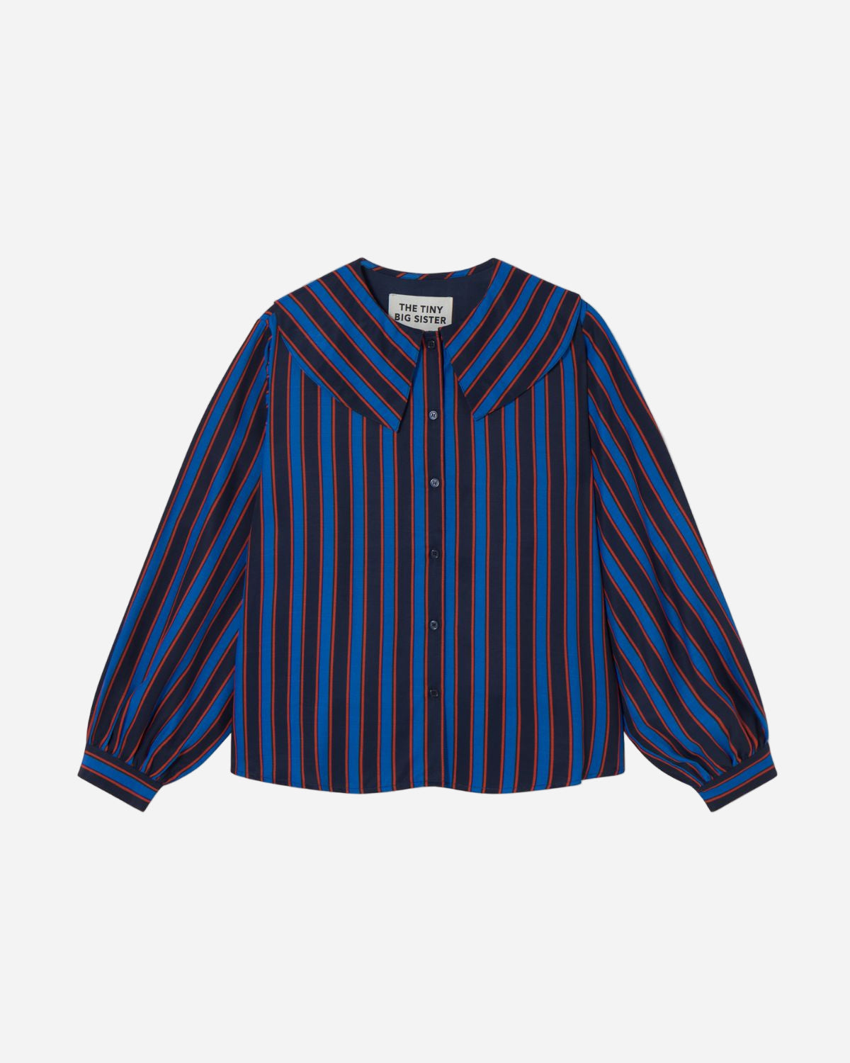 Blue, black and burgundy striped shirt on a white background