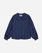 Blue, black and burgundy striped shirt on a white background