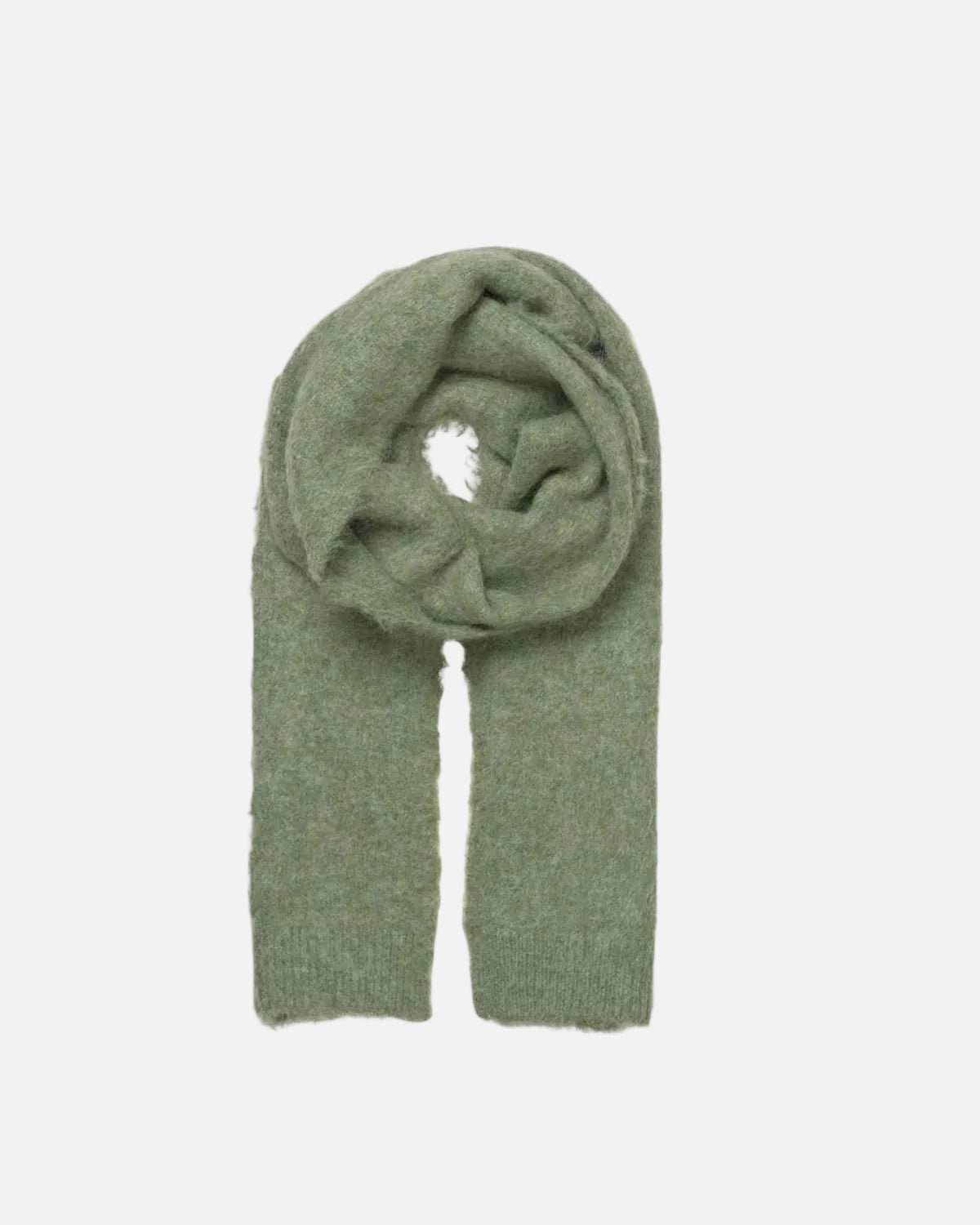 An olive green knit scarf, folded and draped in a loose loop, shown against a plain white background.
