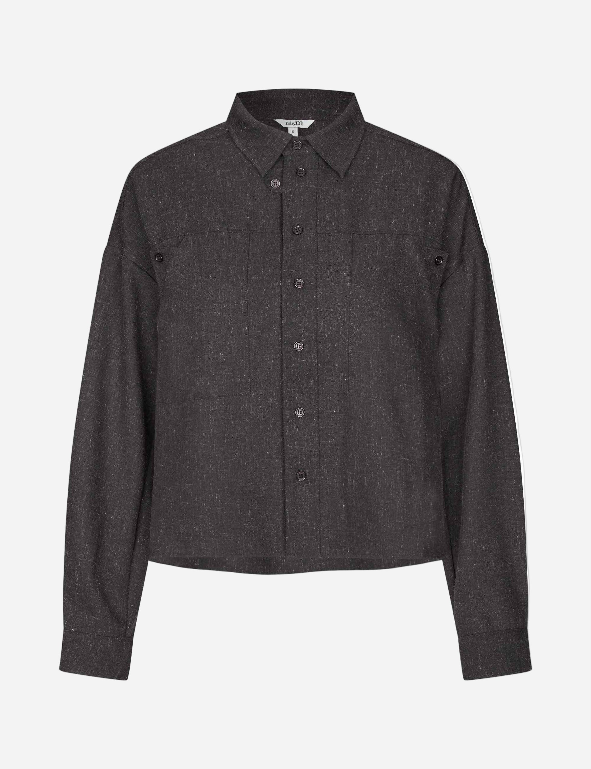 Dark gray button-up shirt on a white background