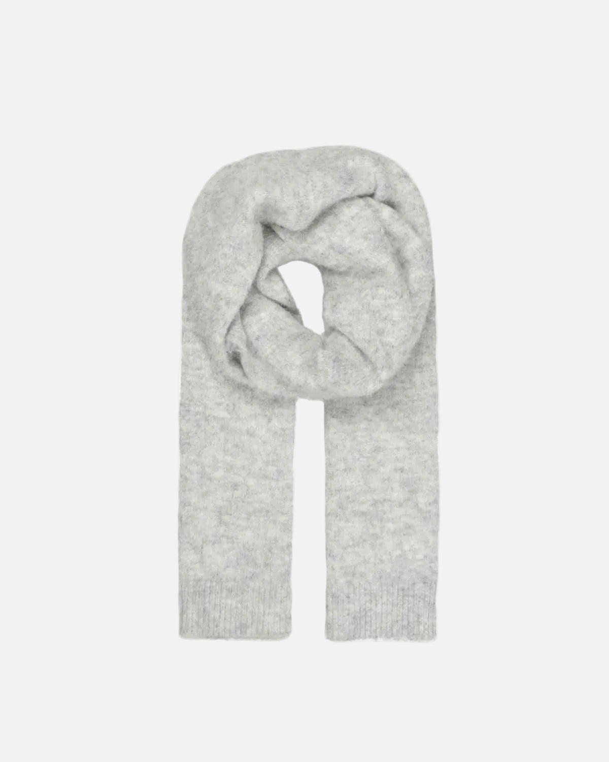 A light gray heathered knit scarf, folded and looped in a loop shape, shown against a plain white background.
