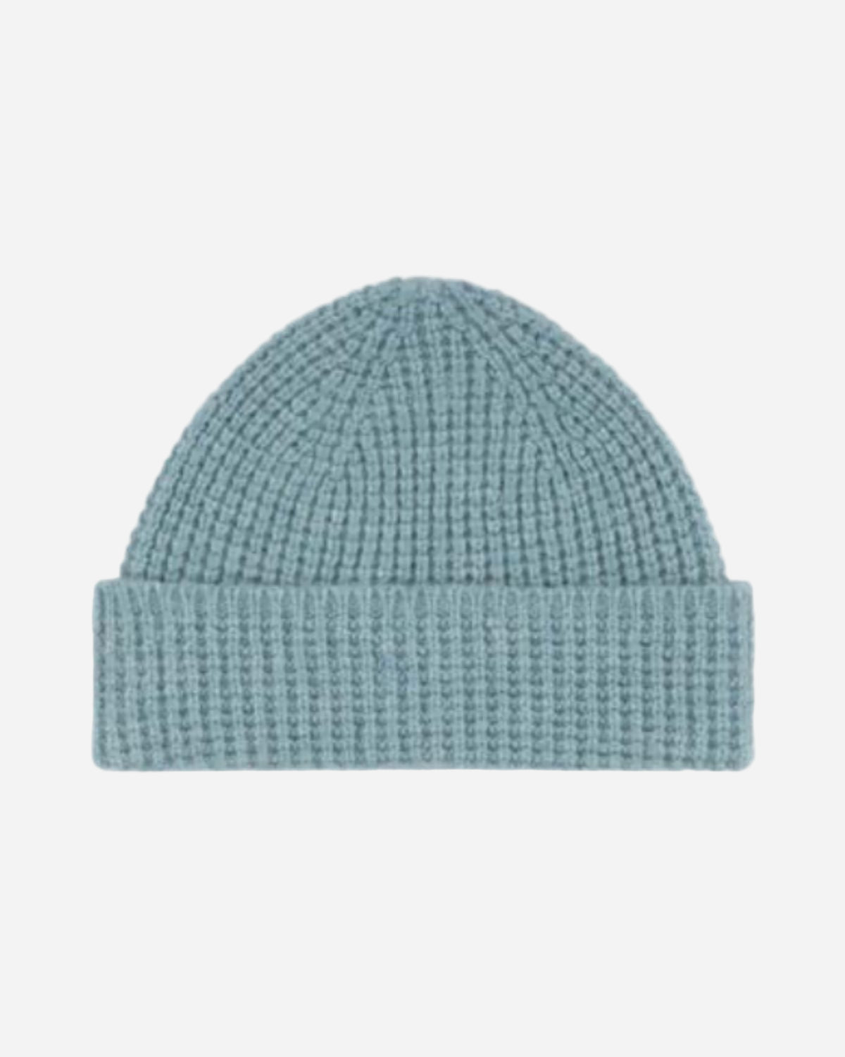 Light blue knit beanie on a white background
