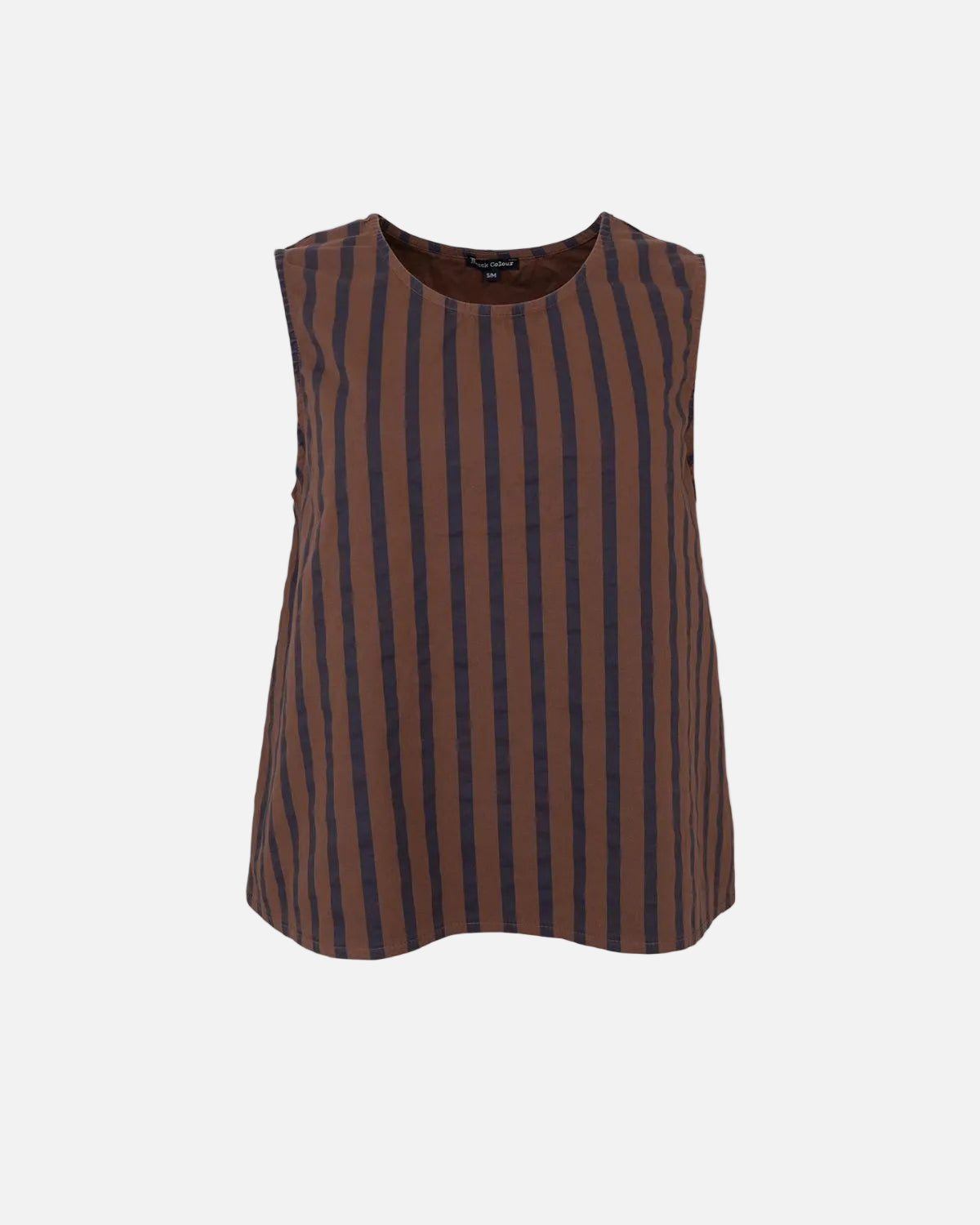 A sleeveless crewneck top with vertical brown and dark navy stripes, displayed against a solid white background.