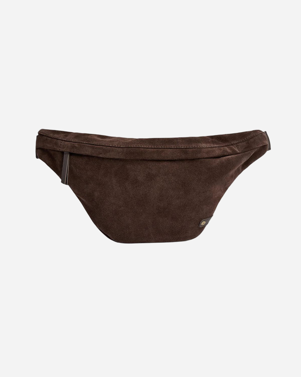 Brown suede waist bag on a white background