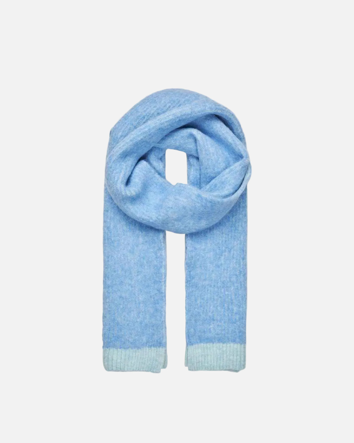 A light blue knit scarf with slightly darker blue ribbed cuffs, neatly folded and displayed on a solid white background.
