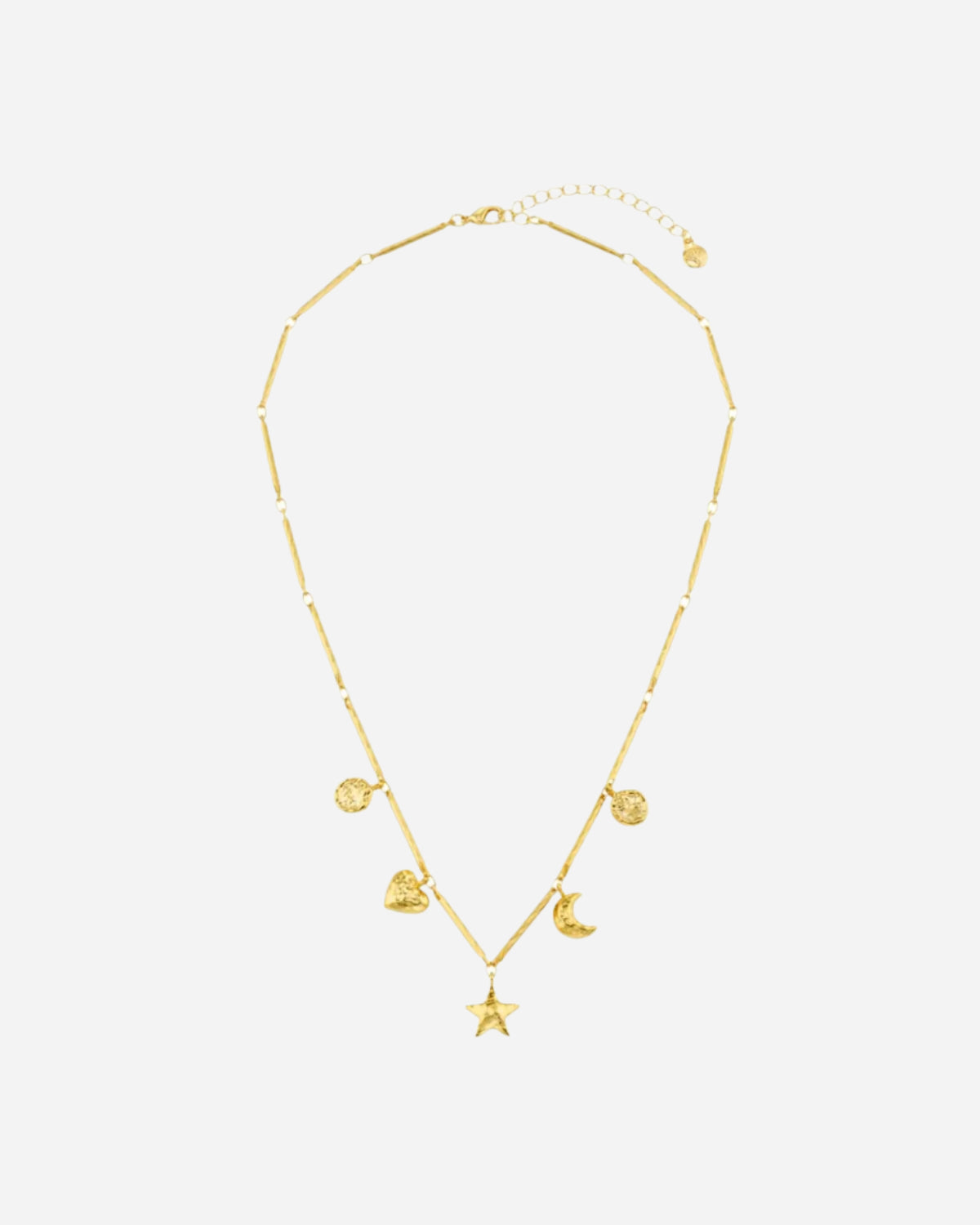Gold necklace with star, moon, and heart charms on a white background