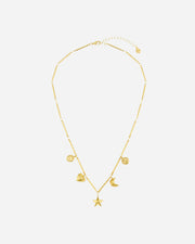 Gold necklace with star, moon, and heart charms on a white background