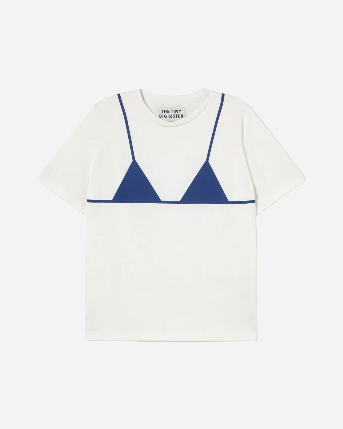 White t-shirt with blue triangle bikini design on a white background