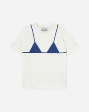 White t-shirt with blue triangle bikini design on a white background