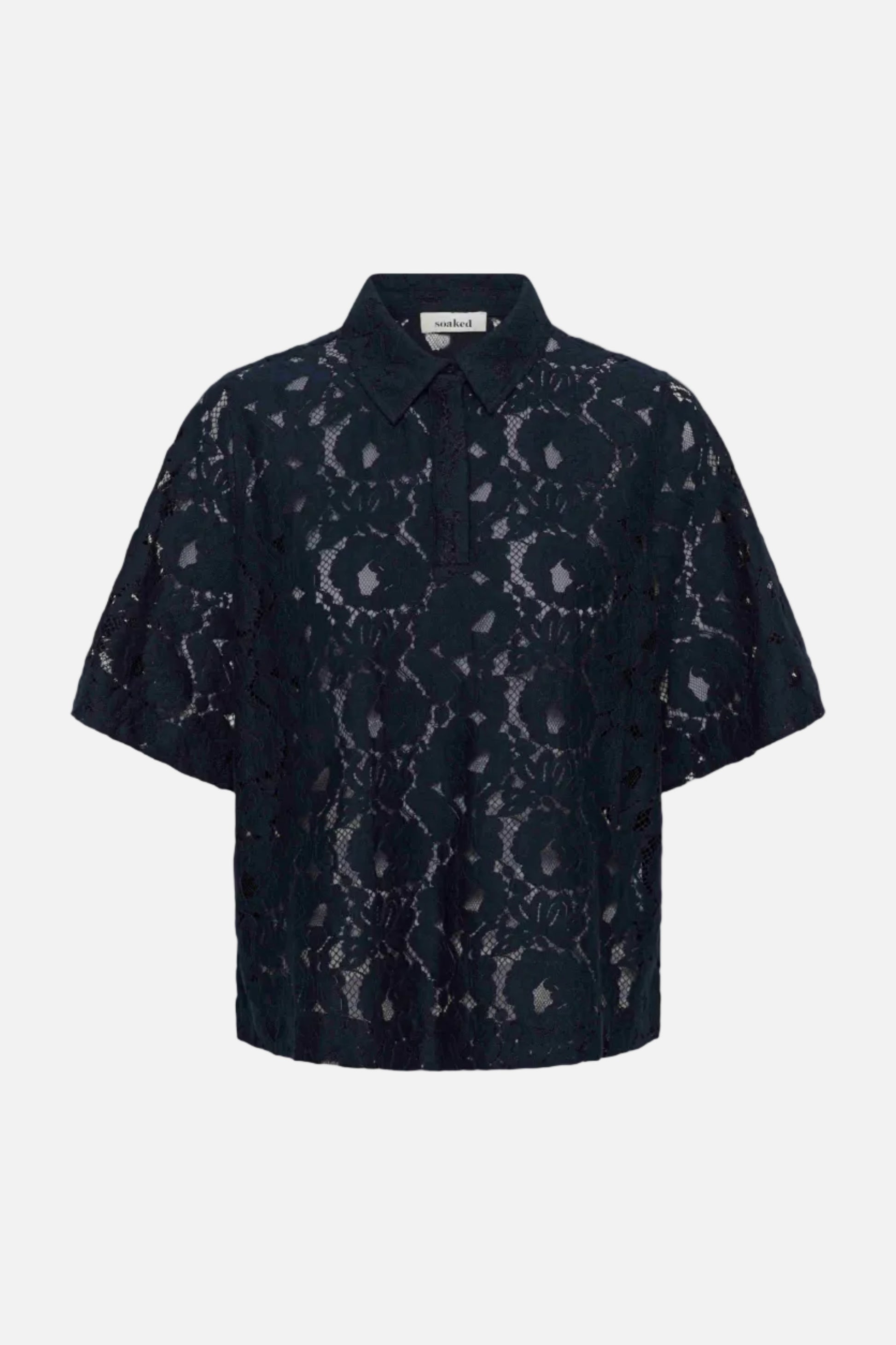 A short-sleeve button-up shirt in navy lace, featuring an intricate floral pattern and a pointed collar, shown against a plain white background.