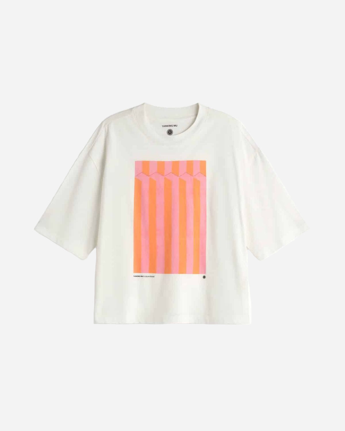 White t-shirt with a colorful geometric design on a white background