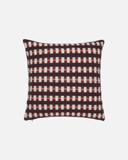 A square throw pillow with a woven geometric pattern of dark brown, white, and muted red horizontal stripes, shown on a plain white background.