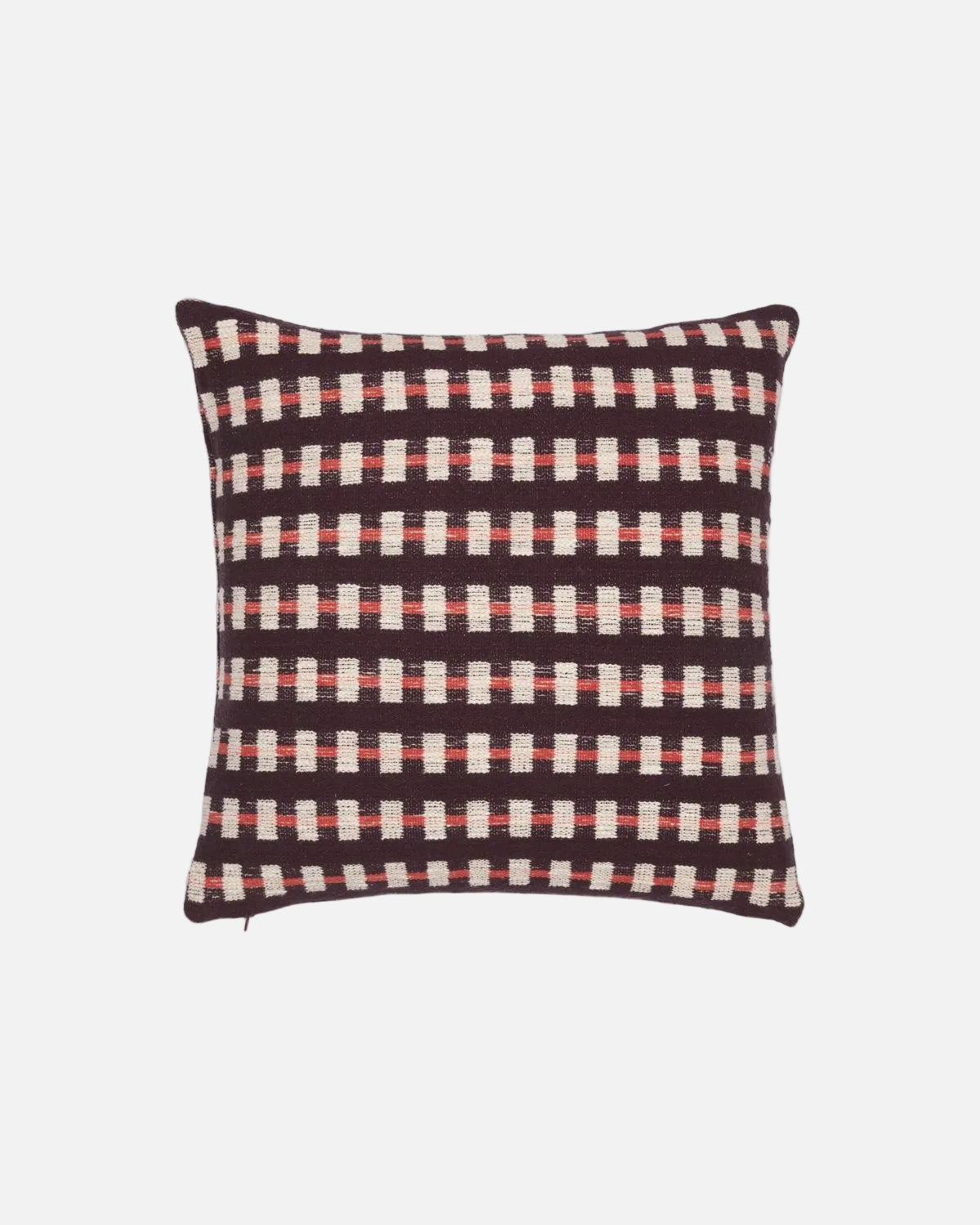 A square throw pillow with a woven geometric pattern of dark brown, white, and muted red horizontal stripes, shown on a plain white background.