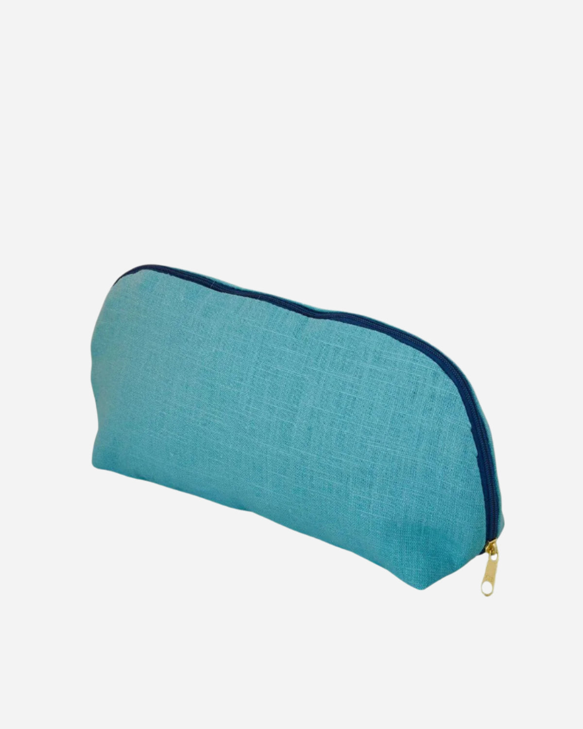 Blue makeup bag with gold zipper on a white background