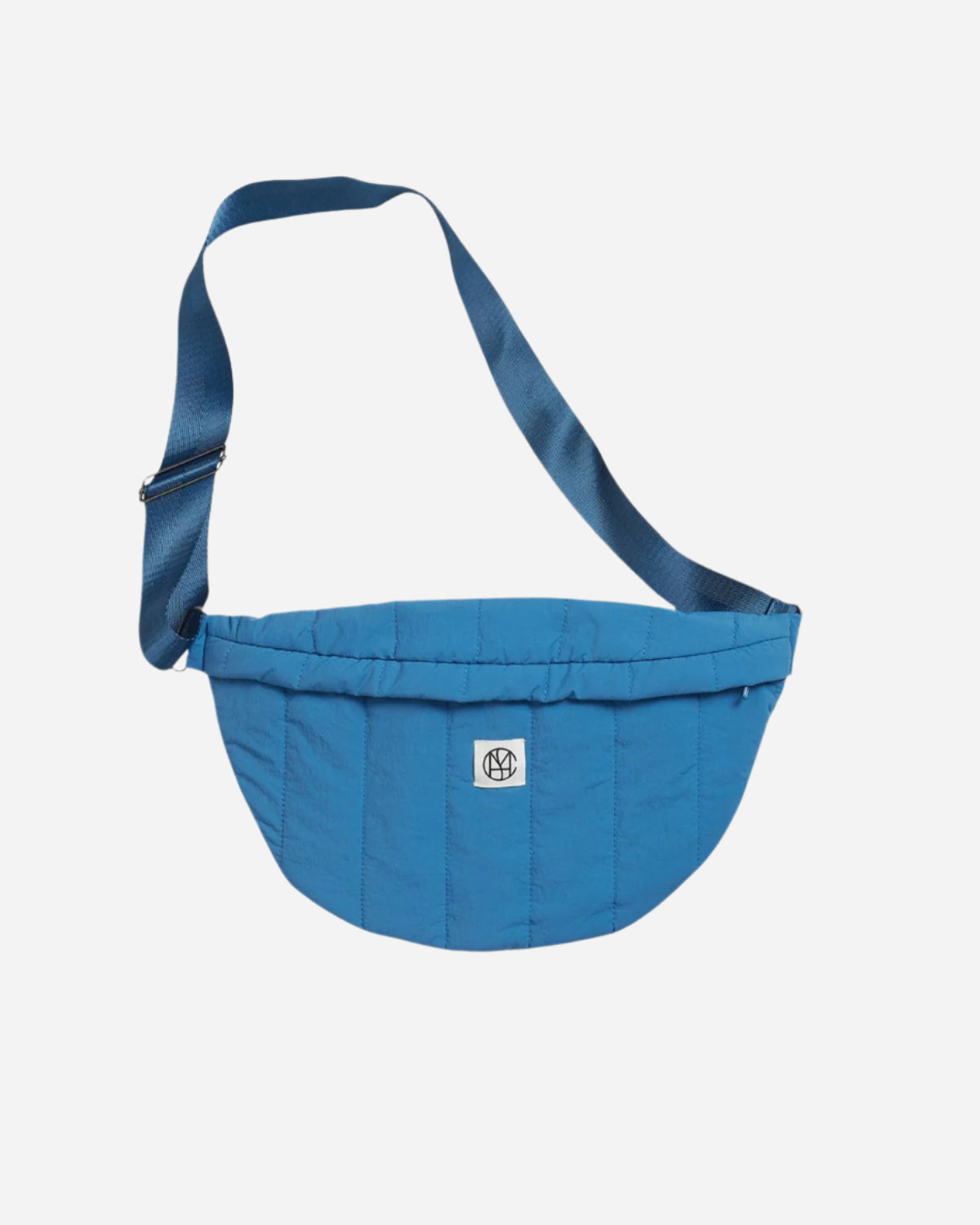 Blue waist bag with a visible brand logo on a light gray background