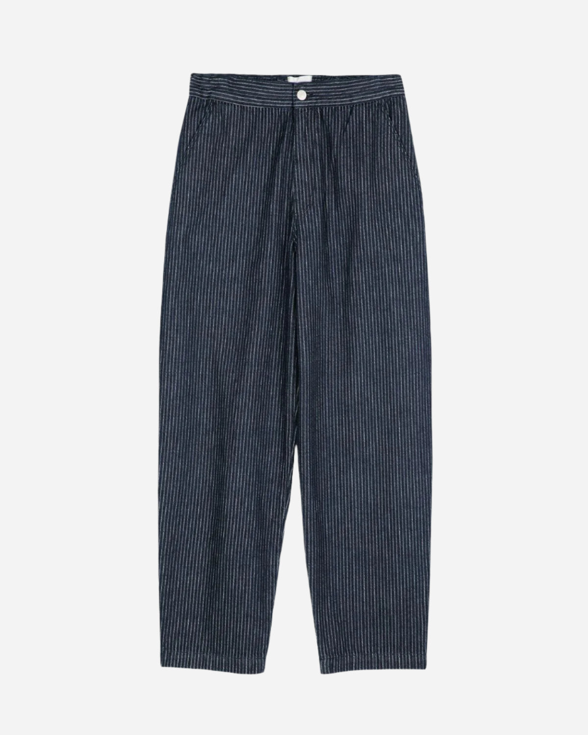 Navy striped pants on a white background