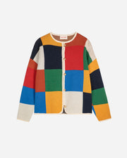 Colorful patchwork cardigan on a white background
