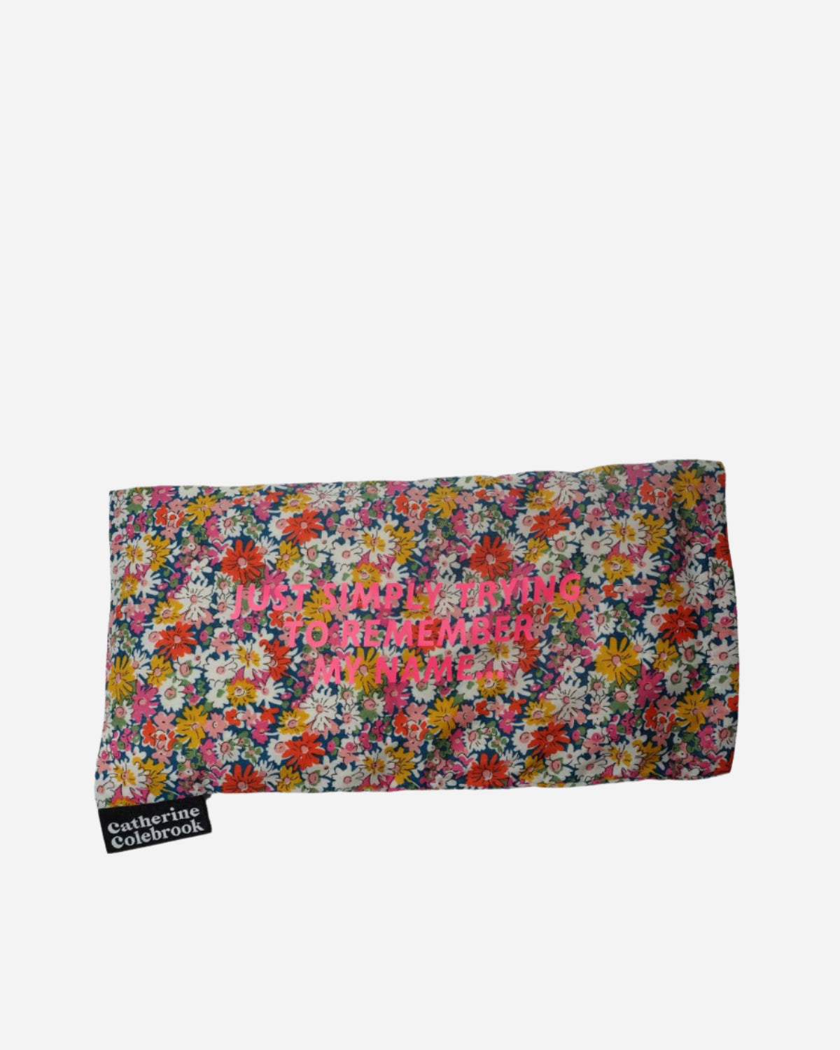 Floral patterned pouch with text on a white background