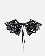 Black lace collar with long tie ribbons, displayed flat against a solid white background.